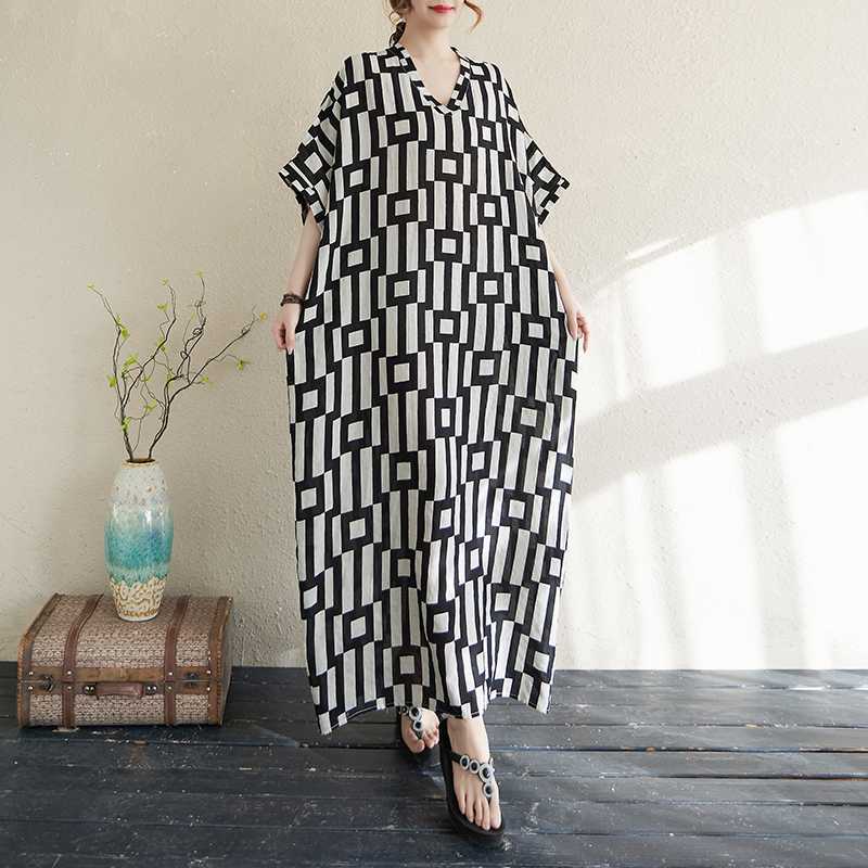 Sommarfärg Rese V-ringad Retro Lång Kjol Bomull Linne Klänning