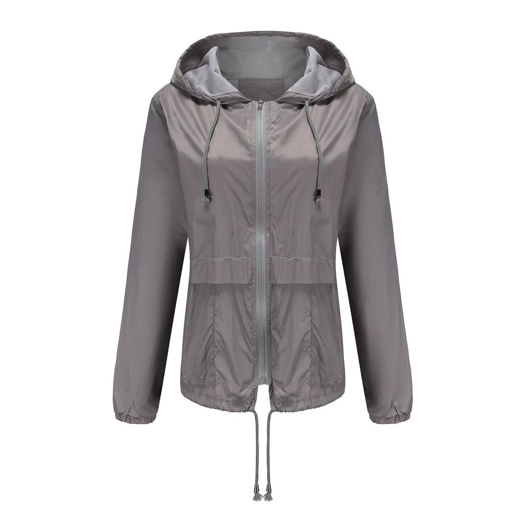 Women Spring Solid Color Long Sleeve Lightweight Hooded Collar Outdoor Raincoat Cropped Cardigan Jacket S-3XL