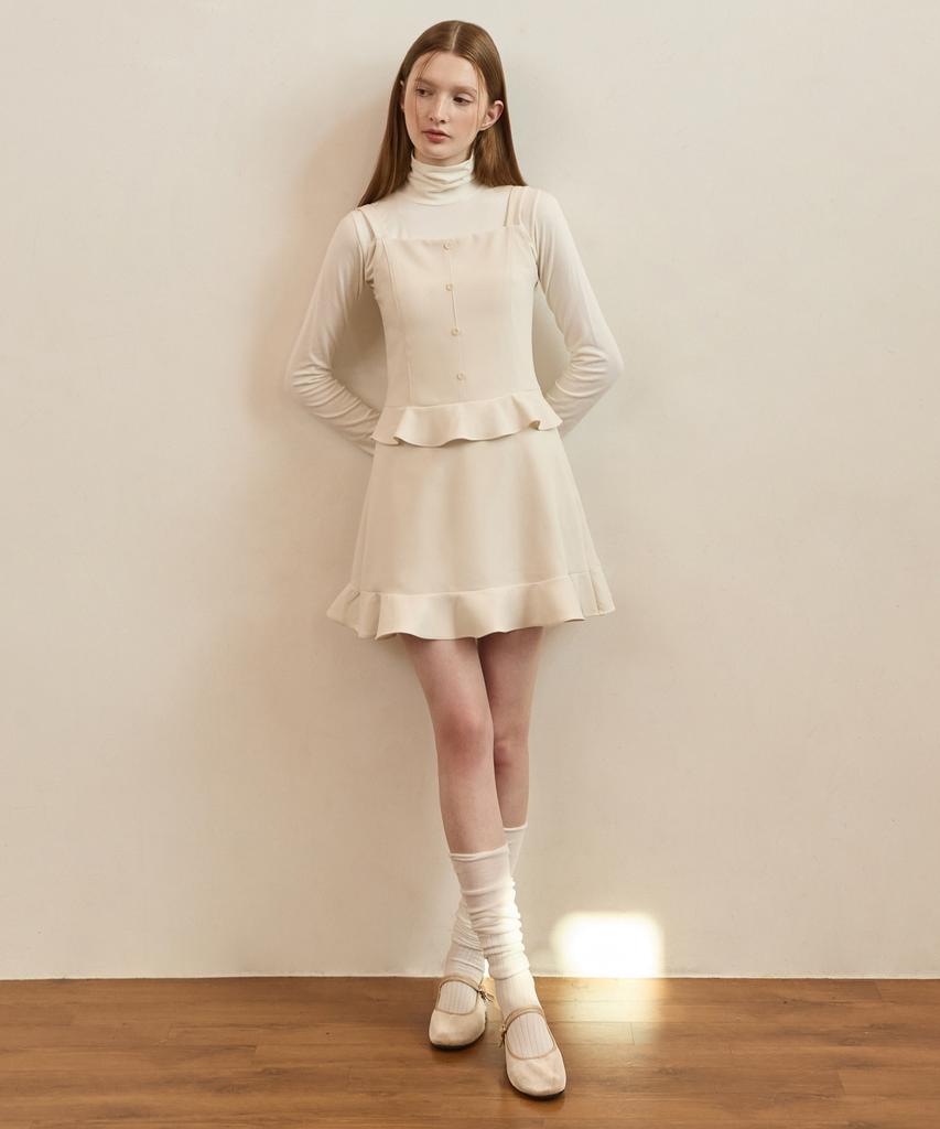 Adowl Button Double Flare Line Mini Dress - Ivory