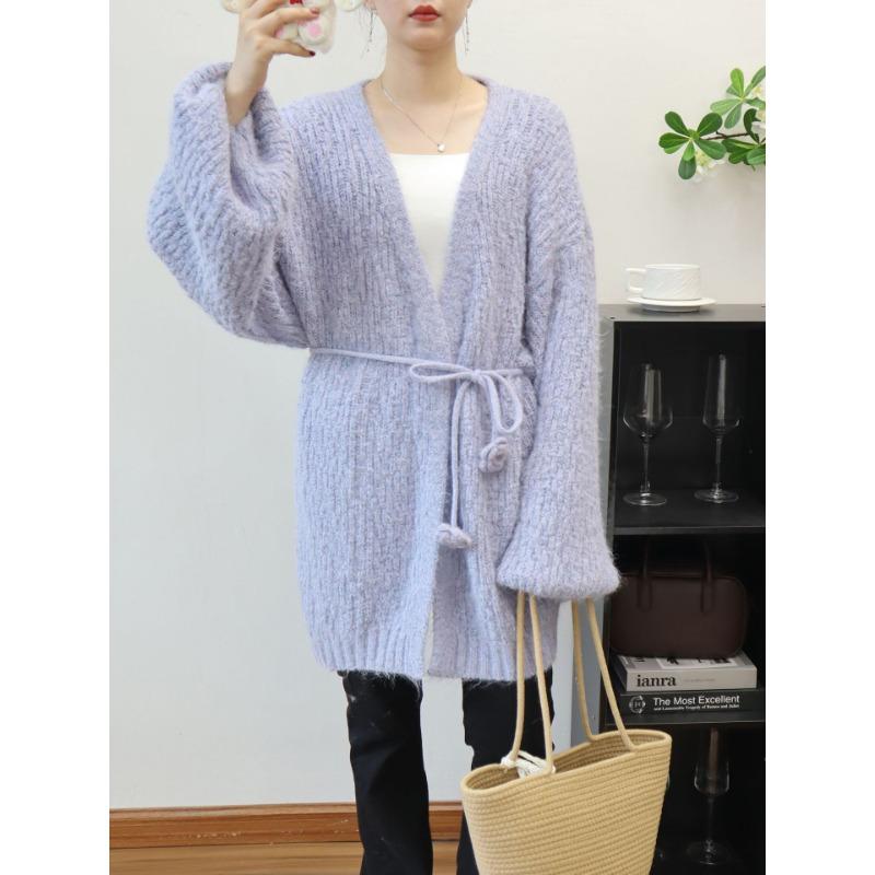 Autumn and winter lace-up loose knitted cardigan medium and long temperament advanced sense gentle wind sweater jacket women