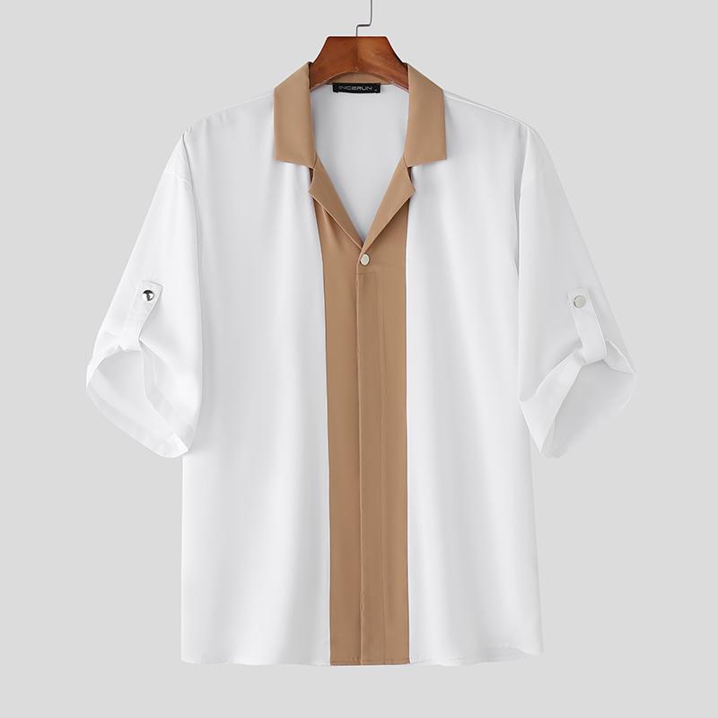 INCERUN Oversized Men Lapel Neck Half Sleeve Patchwork Casual Shirts