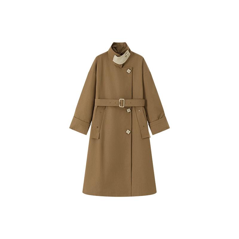 

] Осень новый простой высококачественный длинный плащ воротник-стойка кожаная вставка шнуровка на талии тренч женский L ржавчина коричневого