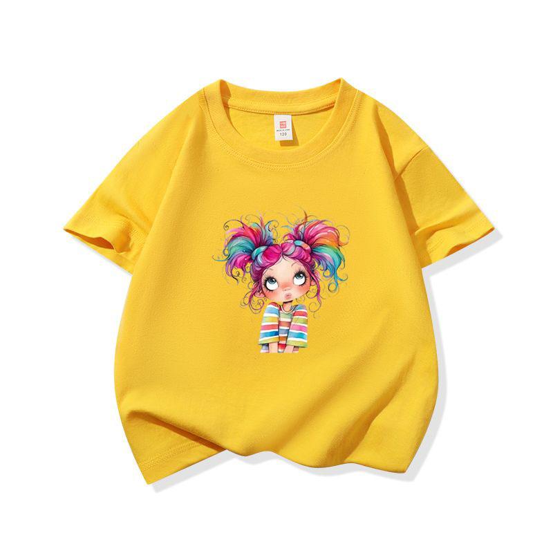 Kids Cotton T Shirt Colorful Rainbow Hair Girl Print Crew Neck Short Sleeve Tee Casual Boys Girls Summer Tops