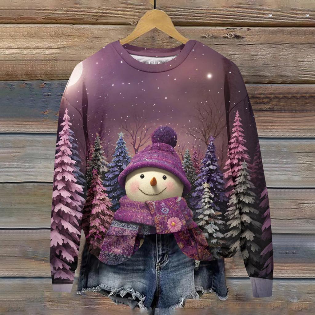 Женская модная рождественская принтованная толстовка с длинным рукавом и круглым вырезом