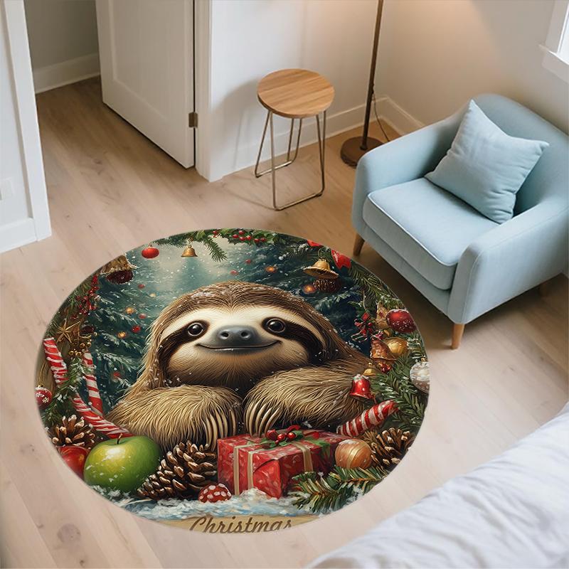 Christmas Sloth Pattern Round rug,Carpet Rug for Living Room Bedroom Playroom ,Non-slip Floor Mat,Holiday Gifts and Birthday Gifts.
