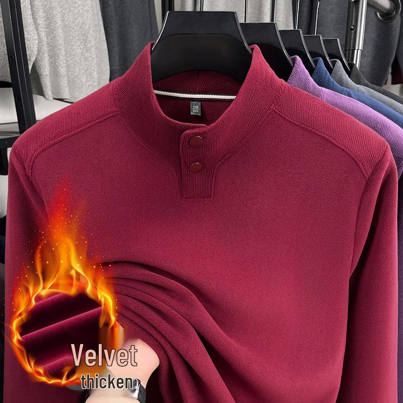 Мужская двусторонняя начесанная термофутболка с длинным рукавом, полувысокий воротник, на 2 пуговицах, теплая повседневная базовая одежда. L