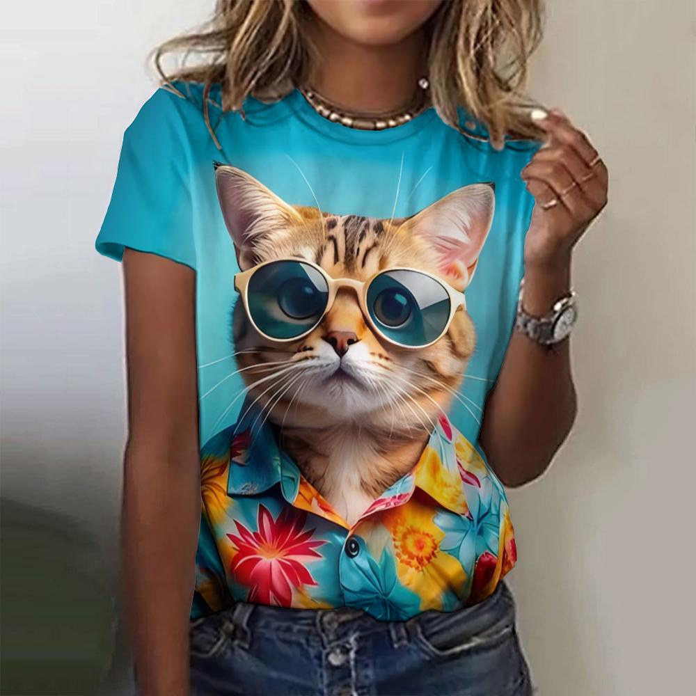 Summer Funny Cool Cat 3D Print T-shirts Women Streetwear Casual Fashion Y2k Short Sleeve T Shirt O-neck Tees Tops Clothing
