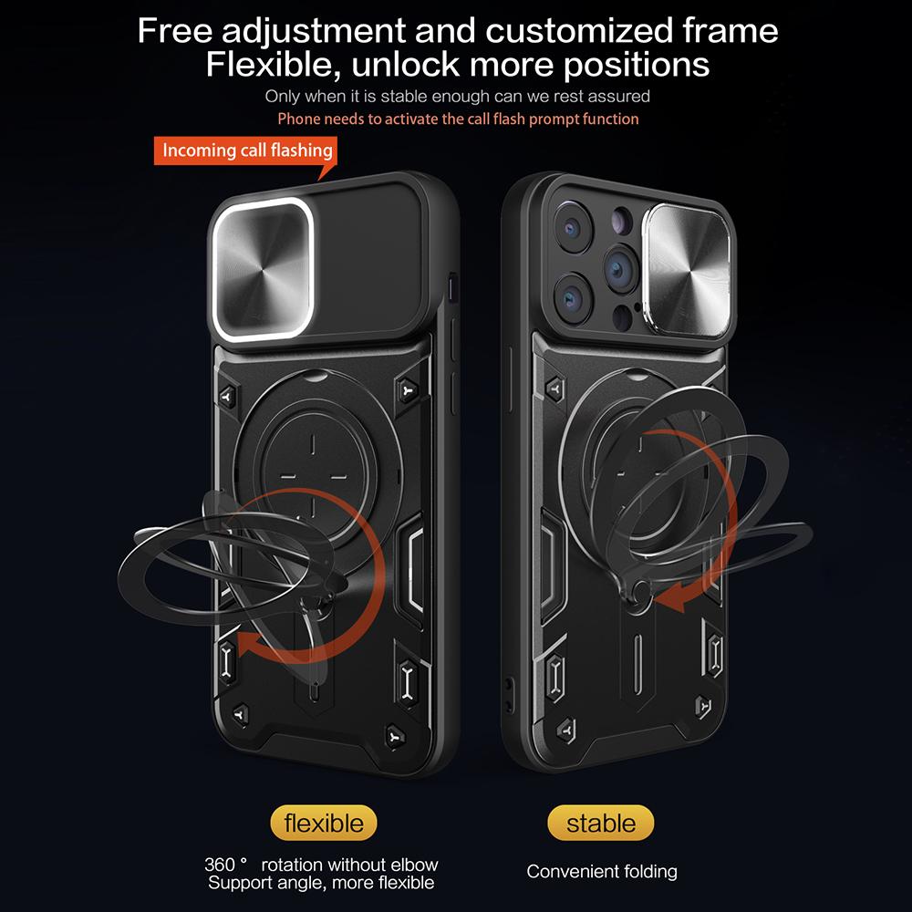 For iPhone 11 Pro Rotatable Kickstand Protective Cover PC+TPU Phone Case with Slide Camera Lid