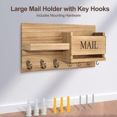 4-in-1 Entryway Wall Shelf Wall Mounted Mail Holder with Key Hooks Rustic Wooden Entryway