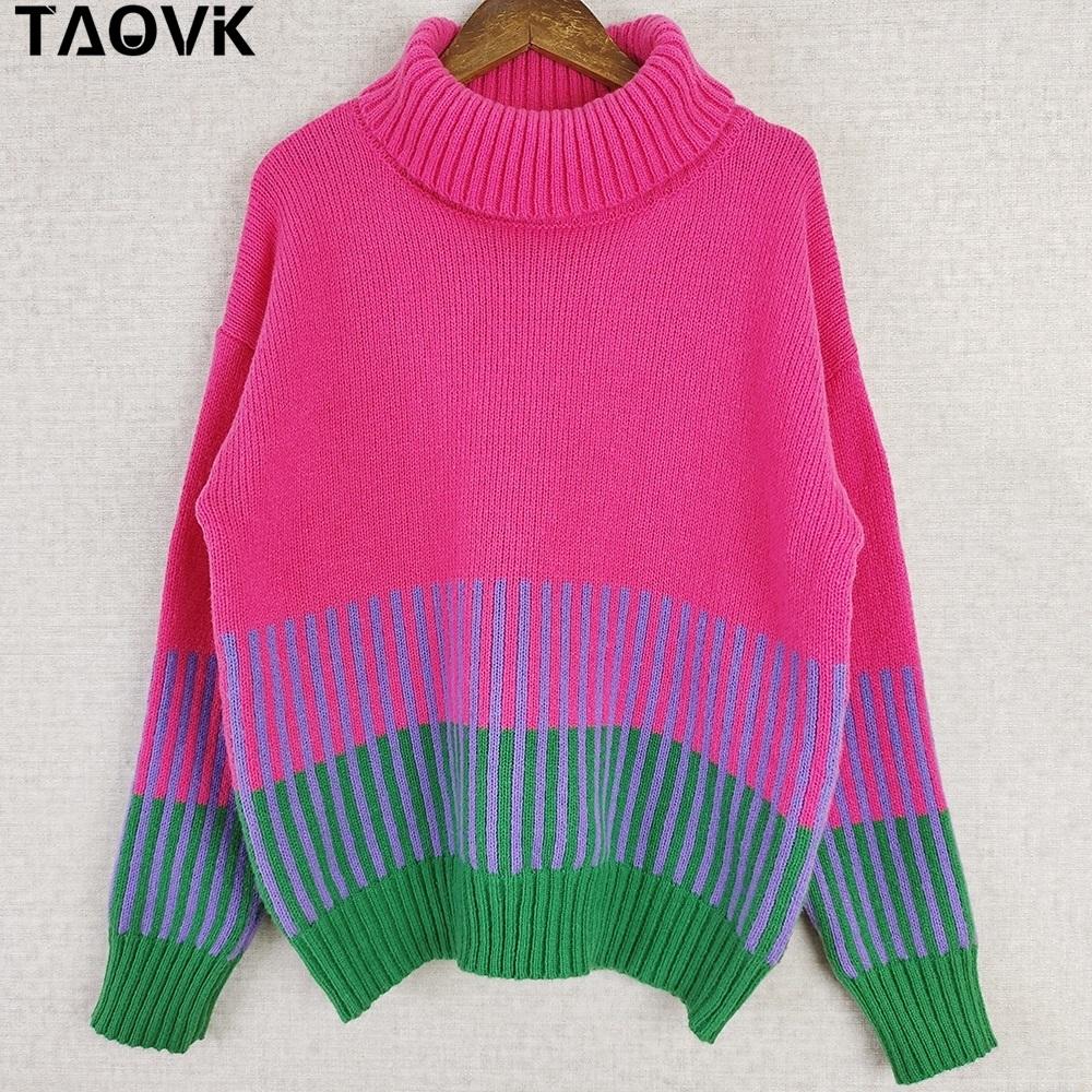 

TAOVK Женские вязаные повседневные свитера Цветные блоки Топ Водолазка Пуловеры Трикотаж Длинные рукава Верхняя одежда Свободный джемпер Мода Осень Зима S розовый