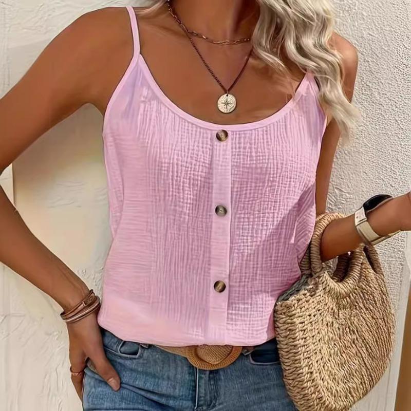 Women Scoop Neck Three Wooden Buttons Textured Sleeveless Loose Casual Top