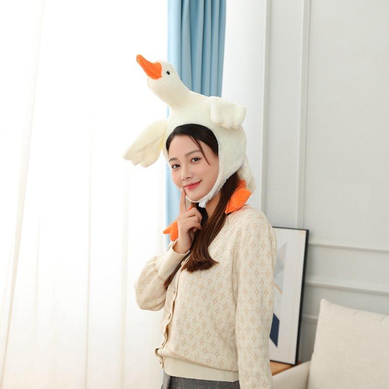 Funny White Goose Plush Head Hat, Cartoon Animal Headgear for Photography Cosplay Party Shooting Props