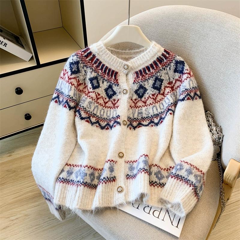 

DIMANAF 2025 Осень Свитеры Кардиган Женский С Принтом Пуговицы Свитеры Вязание Свободный Белый Свитер one size белый