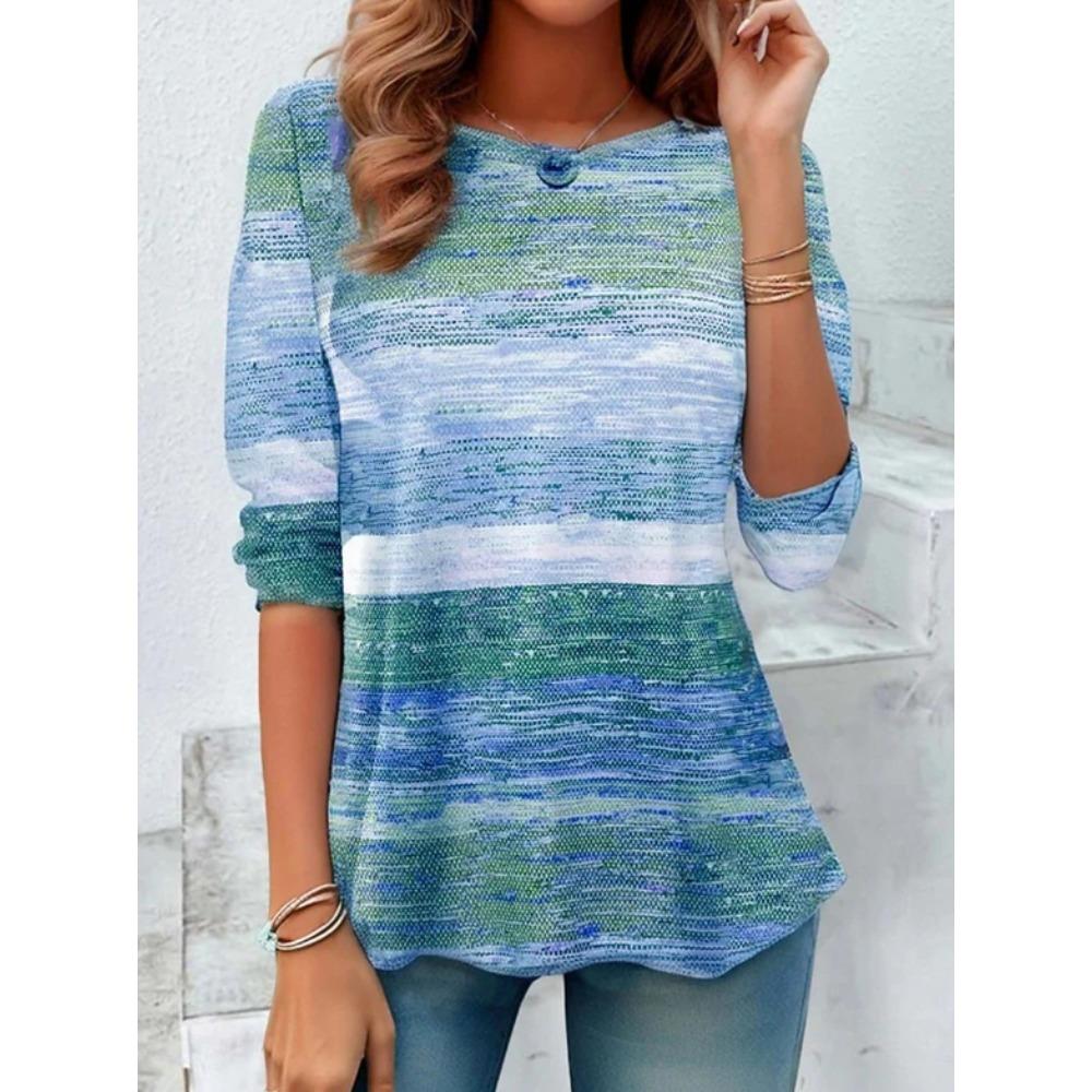 Tops for Women Striped Print Round Neck Long Sleeve T-shirt Fall Casual Slim Pullover Women's Long Sleeve Top