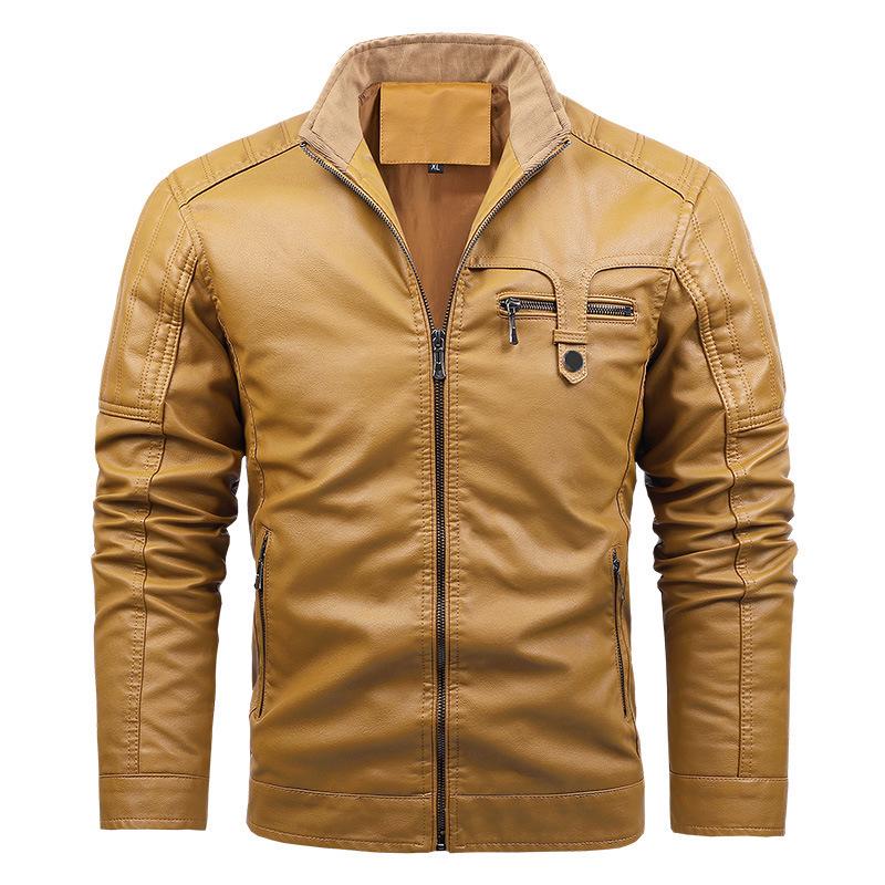 Men's Leather Motorcycle Jacket - European Size, Autumn/Winter, Warm Velvet, Casual PU Leather with Stand Collar.