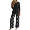 Women's Casual Fashion Round Neck Loose Fit Printed Three Quarter Sleeve Top with Wide Leg Pants Set Comfortable Lounge Wear