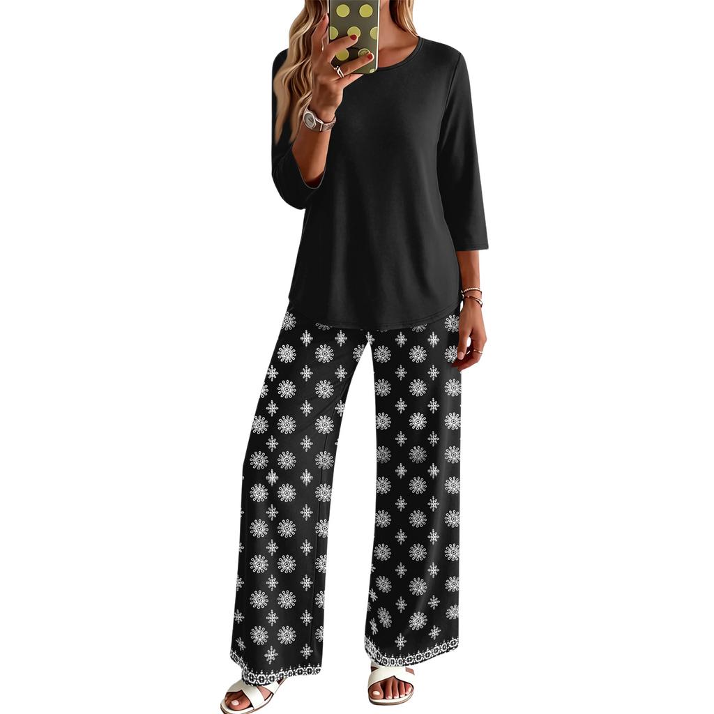 Women's Casual Fashion Round Neck Loose Fit Printed Three Quarter Sleeve Top with Wide Leg Pants Set Comfortable Lounge Wear