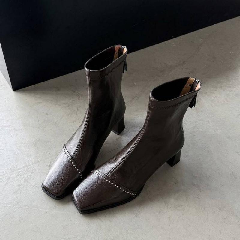 Autumn and winter women's leather large size women's boots square head rear zipper versatile low boots new cowhide thick heel fashion boots