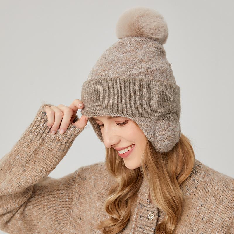 Winter Women's Warm Velvet Ear Protection Hat Solid Color Versatile Wool Ball Hoop Yarn Woolen Hat Outdoor Cold Proof Cycling Hat Trendy