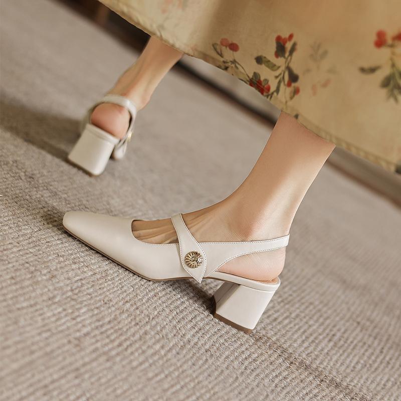 Mary Jane Sandals Women's Head One Button Thick Heel Back Air Versatile Commuting Style Shallow Mouth Single Shoes