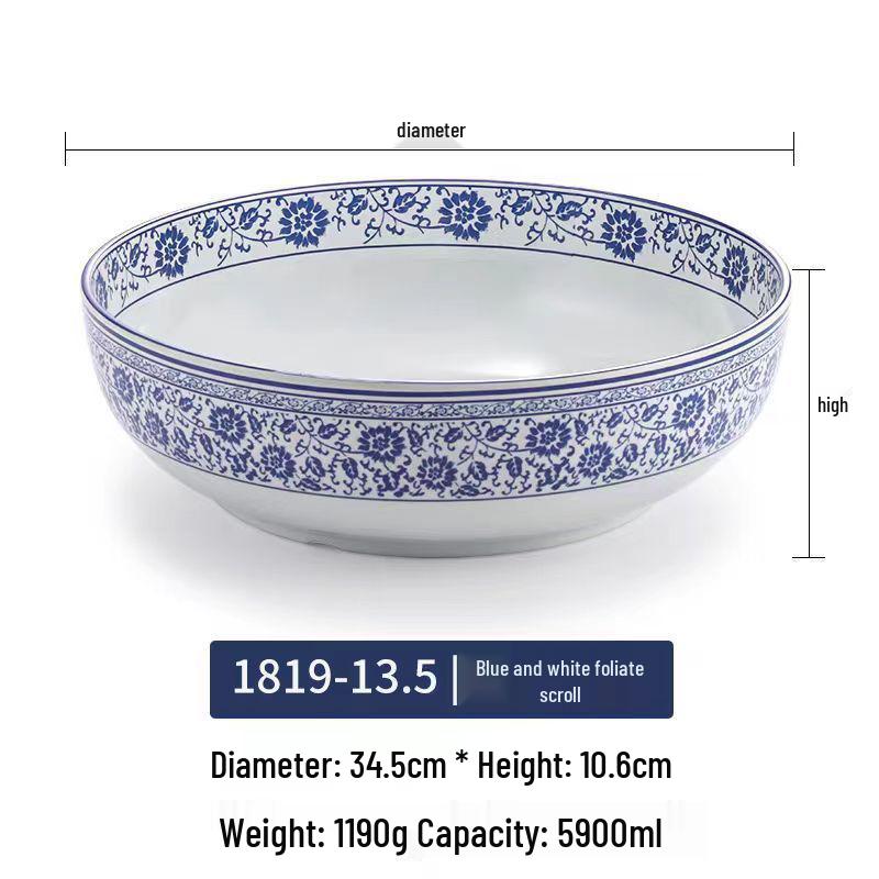 Blue & White Melamine Soup Bowl - Commercial Porcelain Imitation, Large Plastic Basin for Hotels & Restaurants