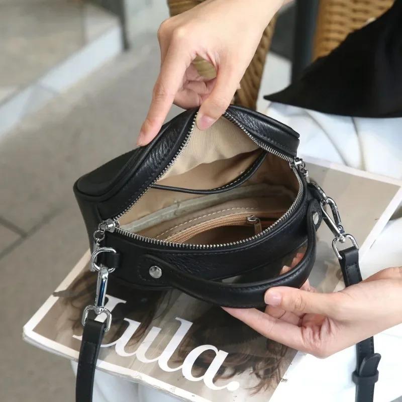 Women's Genuine Leather  Small Shoulder Purse Lightweight Round Crossbody Bag, Shell Bag Design with Phe/Coin Pocket for Daily