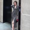 2024 Autumn French V-Neck Retro Long-Sleeve Slit Dress for Mature Women