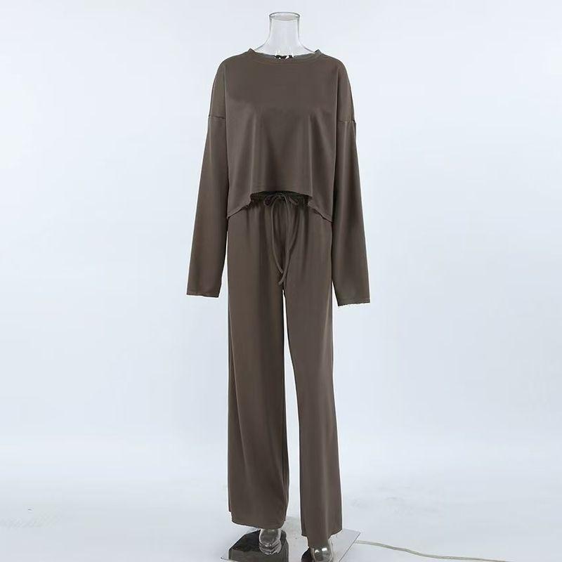 

Fashion Retro Loose round Neck Long Sleeves Sweatshirt Shoelace Pants Suit Loose Top and Pants Set Brown S