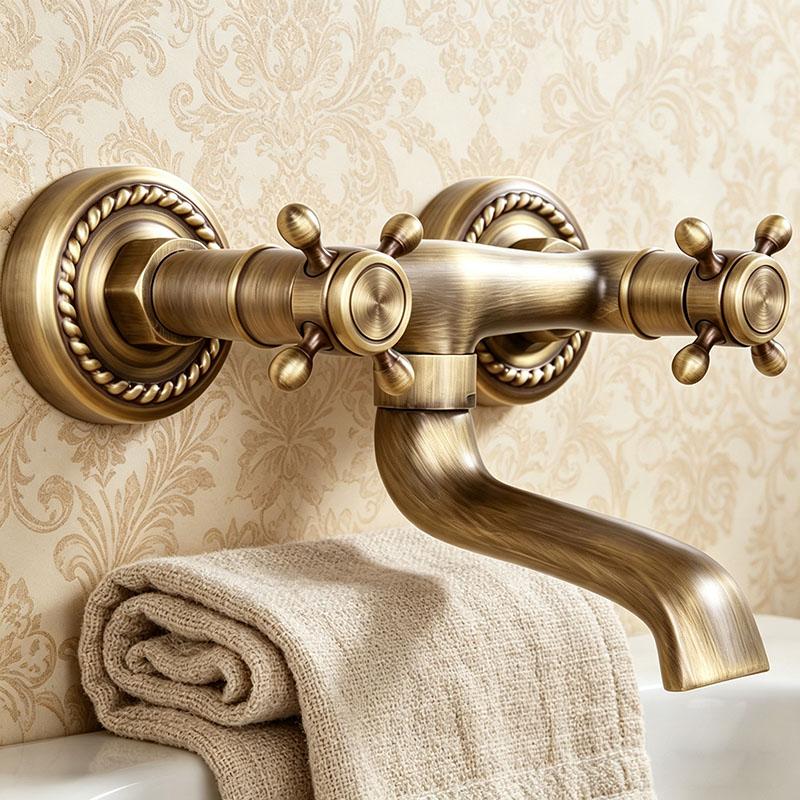 Vintage Copper Wall Mounted Kitchen Faucet - Double Handle Hot & Cold Water Mixer Tap for Home & Bathroom