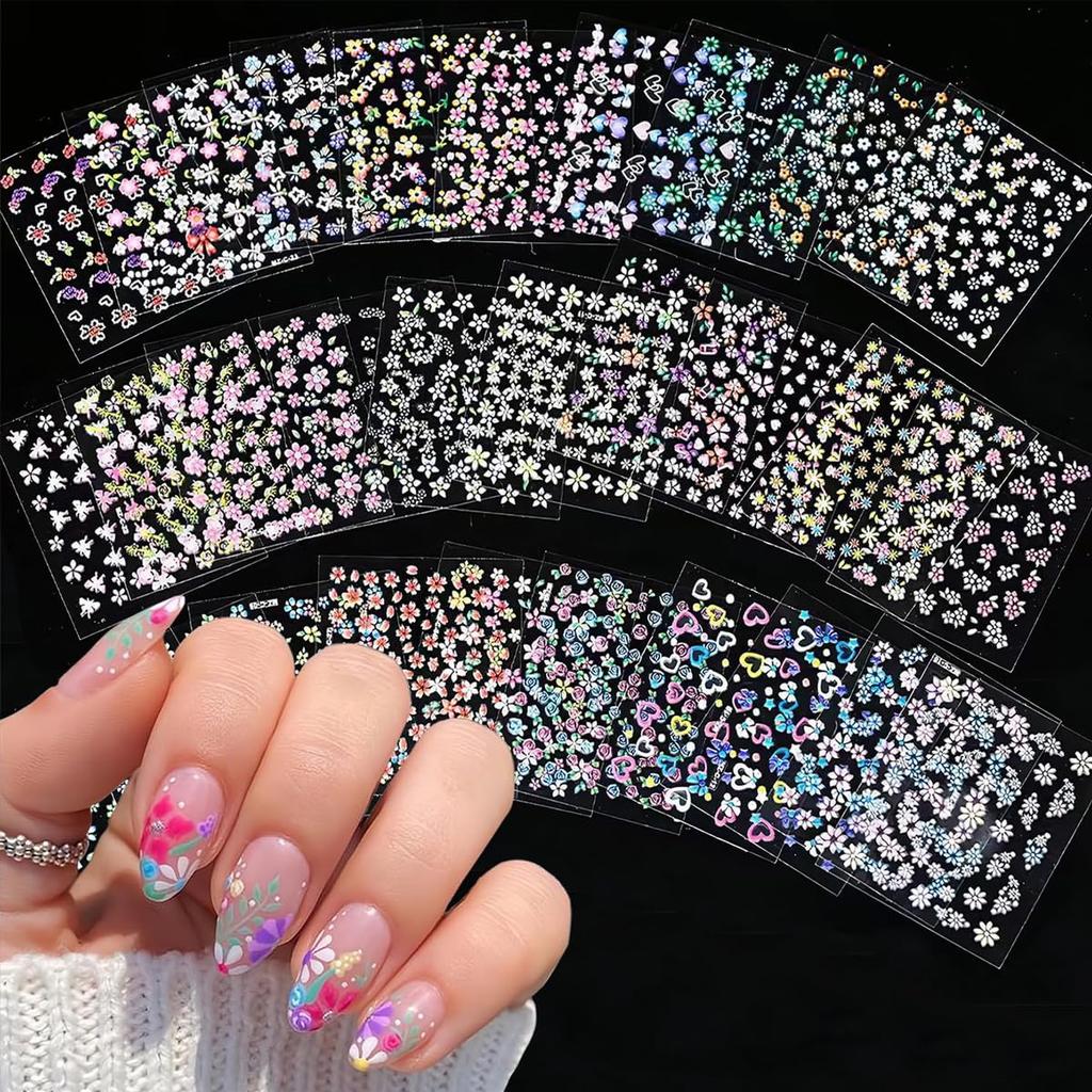 MAYCREATE® Mini Flower Nail Art Stickers 30 Sheet Colorful Daisy for Extension Self-Adhesive Embossing DIY Embellishments
