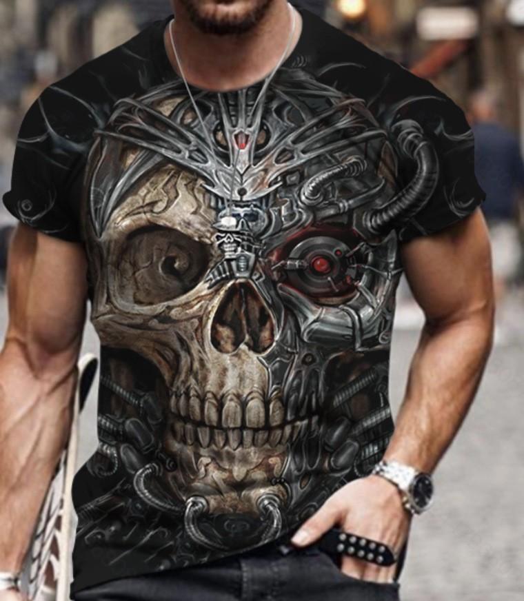 Mechanical Skull Graphic Short Sleeve T-Shirt, Streetwear Must-Have