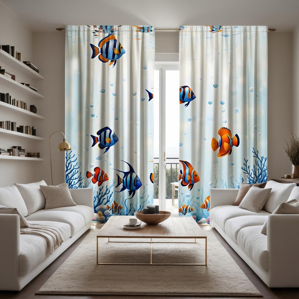 2 pieces of HD blue sea bottom goldfish coral decorative curtain white tie digital printed curtain Home decoration style decorat