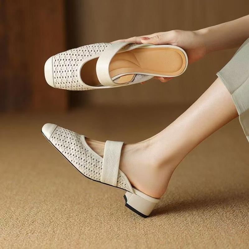Black Summer New Style Women Sandal Pointed Toe Shallow Slip On Ladies Elegant Slingback Shoes Thin Med Heel Dress Mules