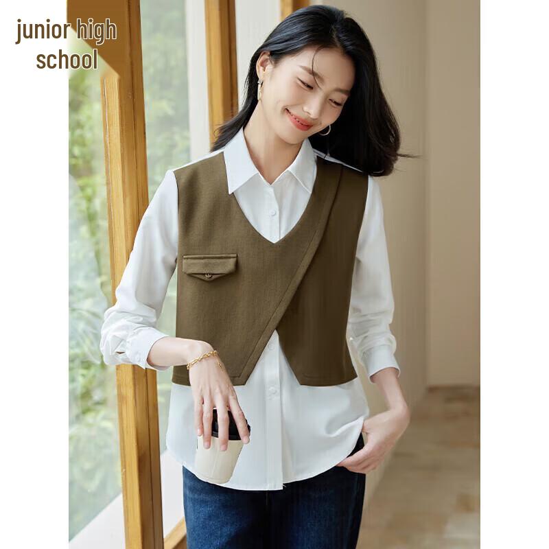 Women s Faux Two-Piece Color Block Long-Sleeve Shirt S