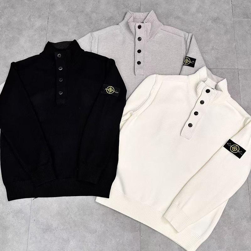 Stone Island Nowy Jesienno-Zimowy Wełniany Sweter Pulower z Półzamkiem i Wysokim Dekoltem