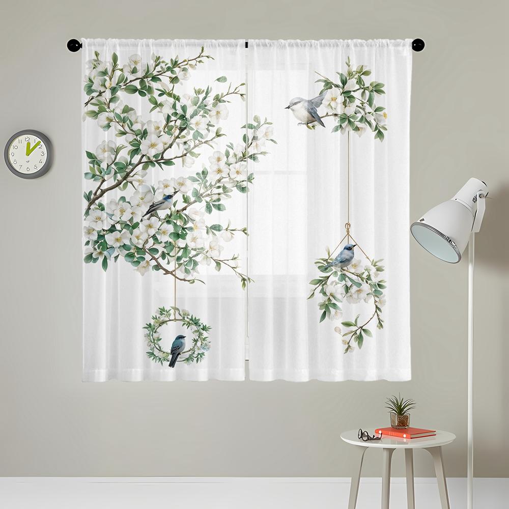 2 Pieces HD Digital Magpie Magnolia Flower Landscape Printed Window Screen Home Decorating Style Decorative Living Room Bedroom