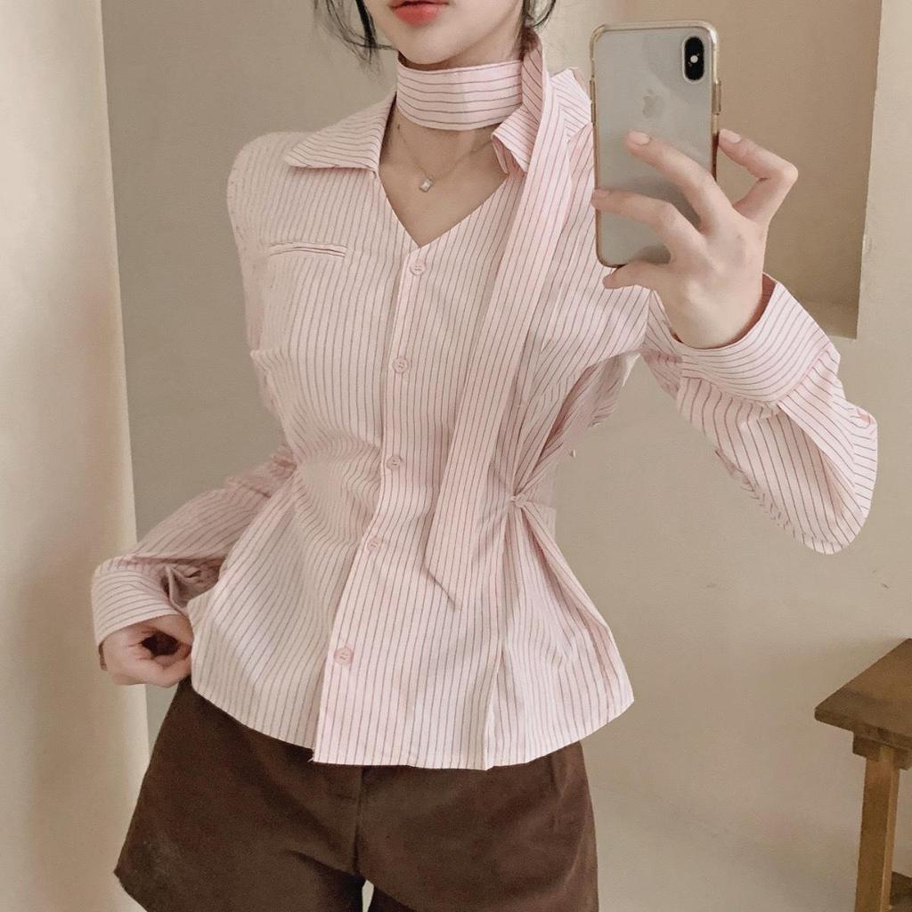 2026 Spring/Autumn Korean Chic V-Neck Ribbon Waist-Cinching Versatile Striped Women's Top