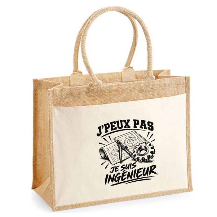 Sac Cabas Jute avec Poche J’peux pas je suis Ingénieur J'peux pas minimaliste | Toile de Jute et Coton 21 L Fond Plat Anses 65 cm