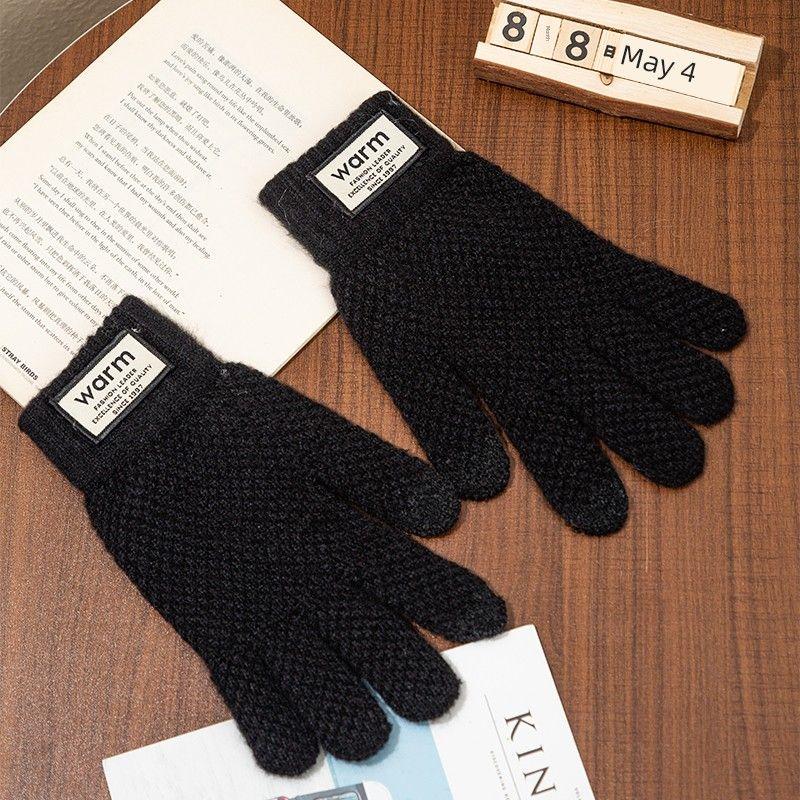 

Knitting Labeling Gloves Female Winter Thicken Thermal Touch Screen Male Driving Cycling Riding Cold-Proof Finger Gloves Black