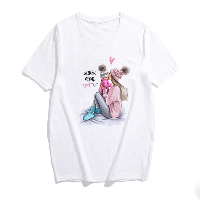Super Mama Print Female T Shirt Son And Mom Summer Harajuku Women Clothes White Tshirt