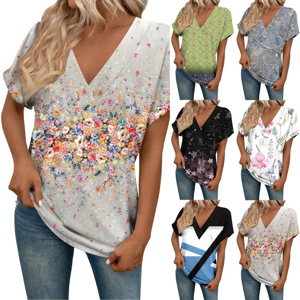 T-skjorter Kortermede T-skjorter med V-hals Damemote Topper Trendy Lette Myke Uformelle Sommerantrekk