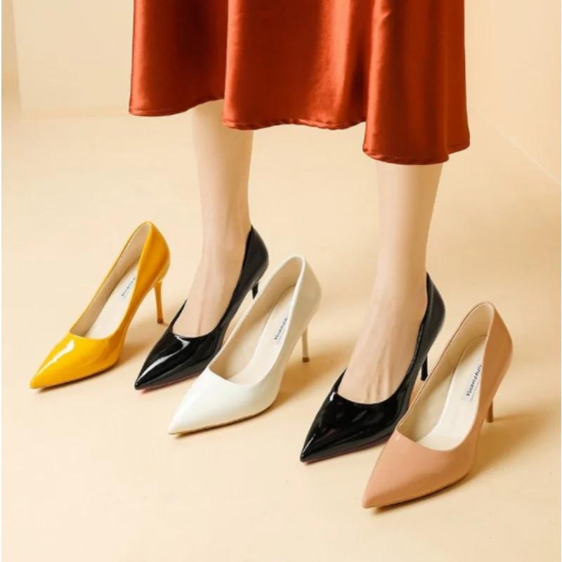 Fashion 2024Women Office Pumps Stilettos High Heels Shoes Large Size 42 Shiny Heels Patent Leather Pointy Toe Ladies Work Shoes 8cm NEW