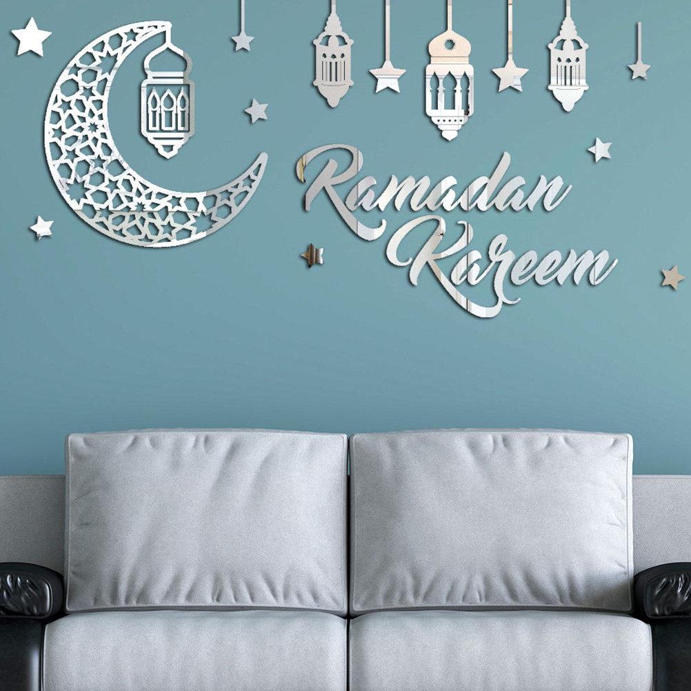 1 Sheet Mirror Effect Wall Stickers Eid Mubarak Ramadan Acrylic Moon and Star Design Festive Home Decor Window Door