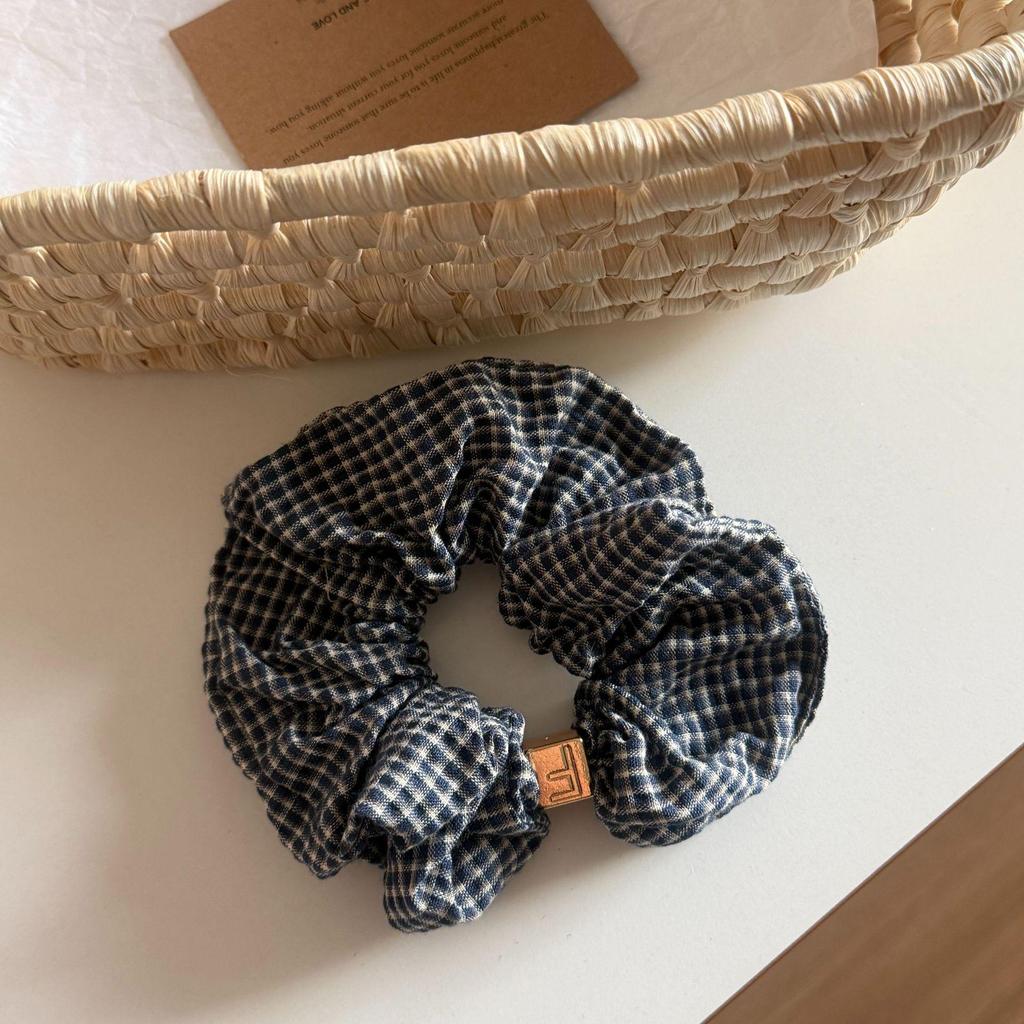 Korean Blue Plaid Scrunchie: Stylish Hair Tie & Accessory