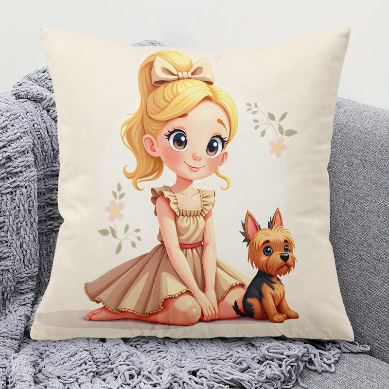 Cute Girl Cushion Cover Cartoon Yorkie Dog Pillow Case Kids Room Decor Pet Lover Gift Nursery Living Room Sofa