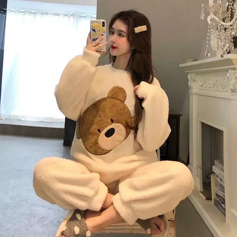 Autumn Winter Kawaii Cartoon Pajama Sets Women Pyjamas Plaid Flannel Loung Sleepwear Girl Pijama Mujer Night Suits Homewear PJ