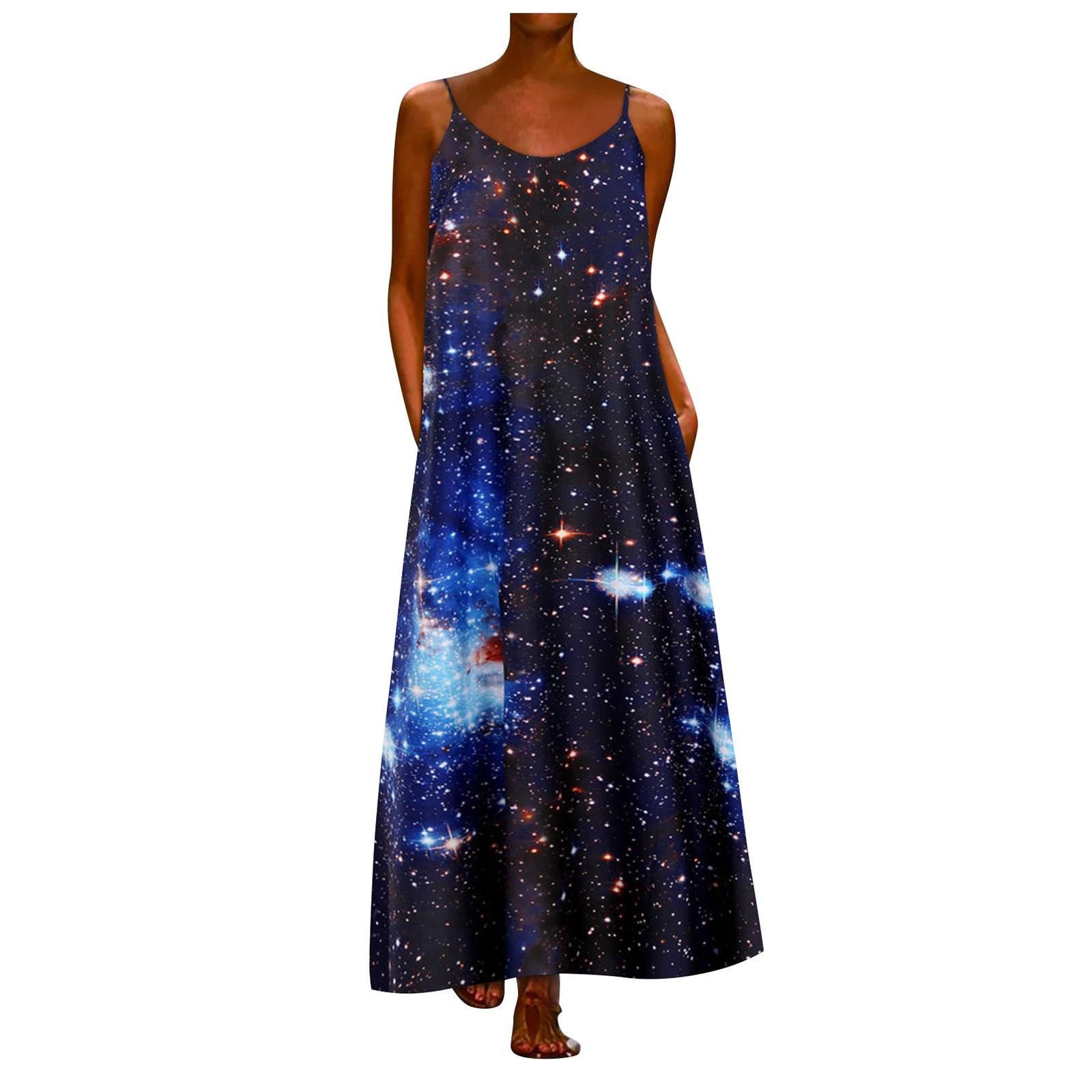 

Fashion Casual Print Sleeveless Dress Women s Round Neck Sling Long Skirt L чорний