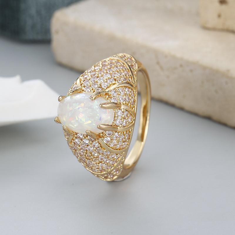 Aesthetic Inlaid Imitation Opal White CZ Women's Ring Sparkling Gold Color Geometry Daily Wear Party Jewelry Anniversary Gift