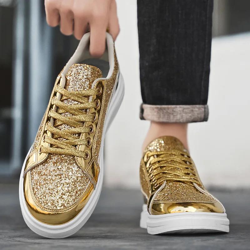 Fashion Gold Men's Sneakers 2025 New Luxury Fashion Skateborad Shoes Glitter Casual Shoes Men Platform Vulcanize Shoes Big Size Tenis