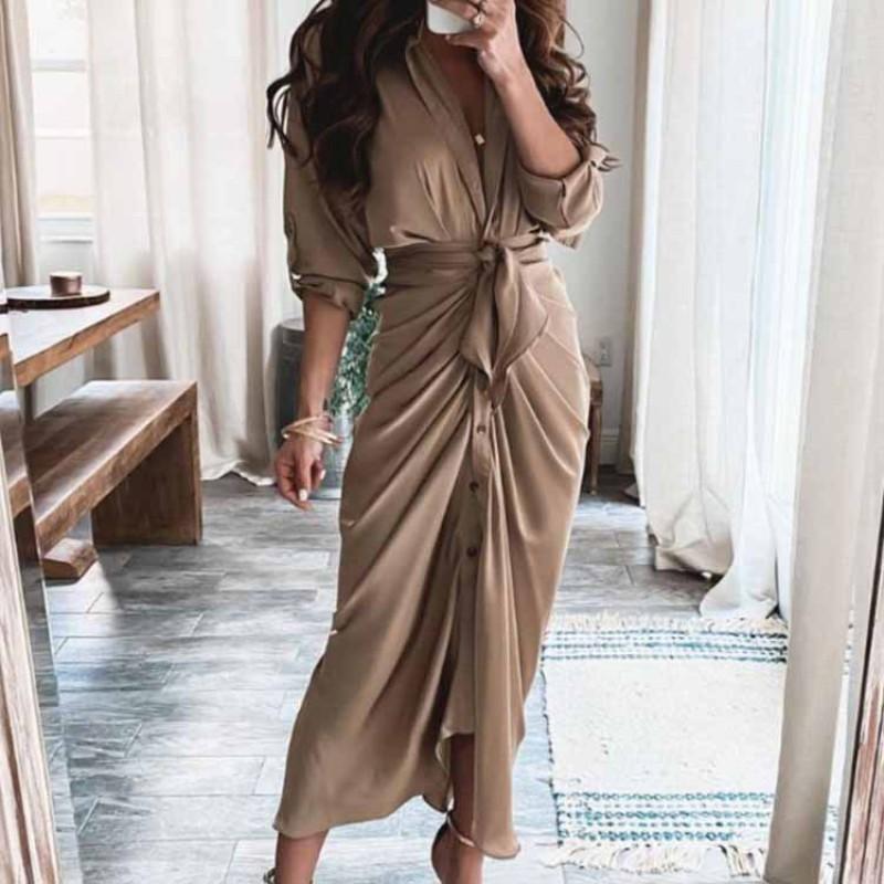 2026 Womens Elegant V-Neck Wrap Tie High-Waist Floral Print Long Dress Slim Fit Casual Office Wear